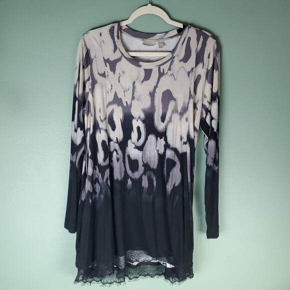 LOGO by Lori Goldstein Black Rayon 230 Printed Swing Top Lace Hem Sizes Large - Picture 1 of 7